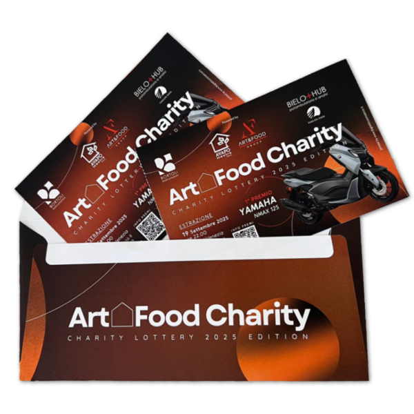 Busta aperta della Art&Food Charity Lottery 2025 con 2 biglietti